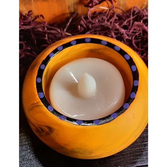 Handmade Halloween Wooden Pumpkin Tea Light Holder With Skull & Faux Candle Tabl - Picture 6 of 13
